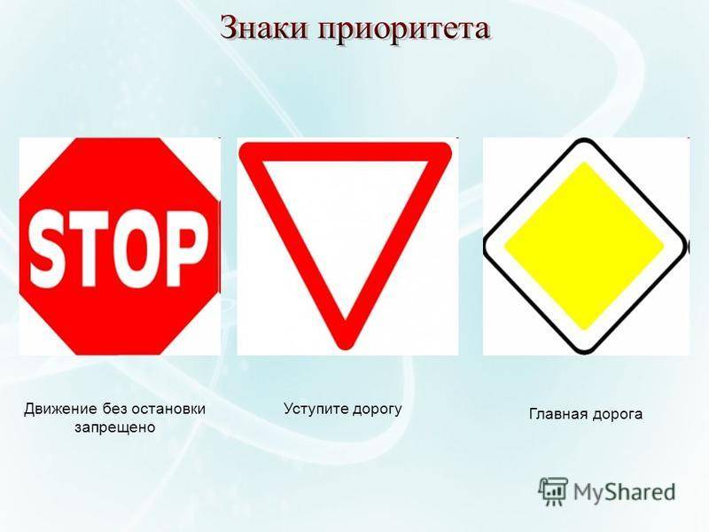 Знаки приоритета (главная дорога, уступи дорогу, проезд без остановки запрещен)
